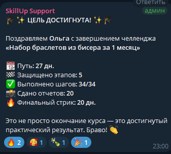 Реальное сообщение SkillUp о завершённом челлендже: 27 дней, 34 выполненных шага и финальный стрик 20 дней